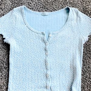 light blue button down floral lettuce top